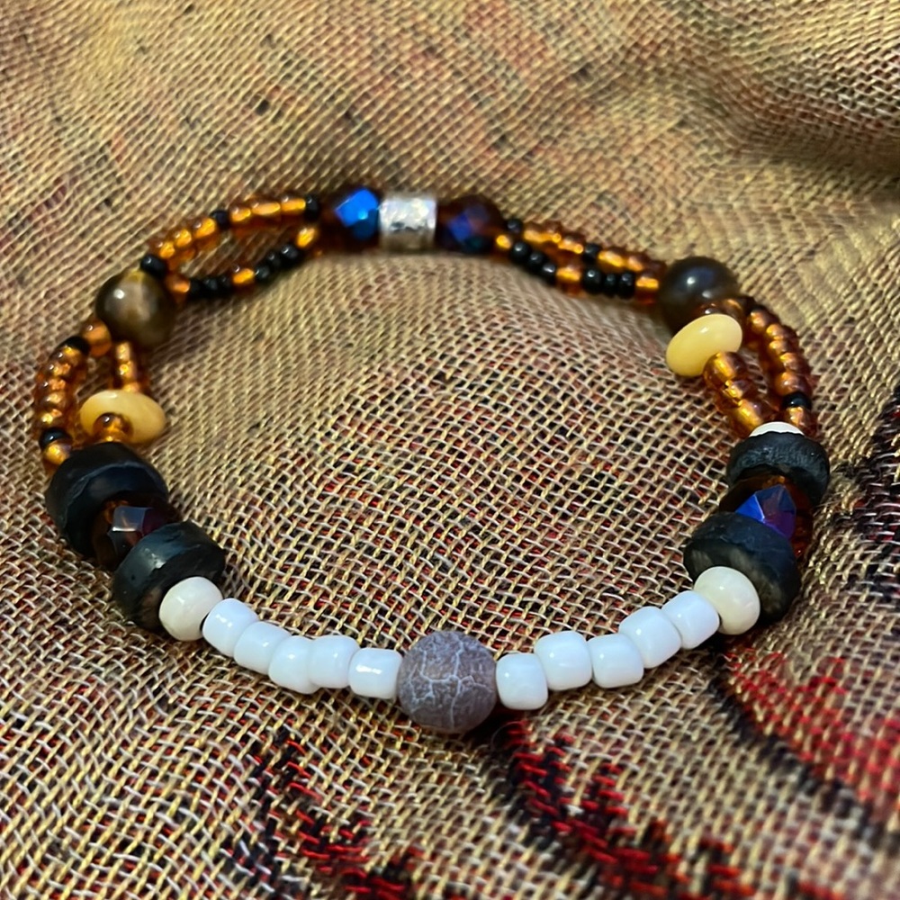 Handmade Jewelry Unisex Bracelet w New & Upcycled Beads Like Tiger’s Eye & Amber